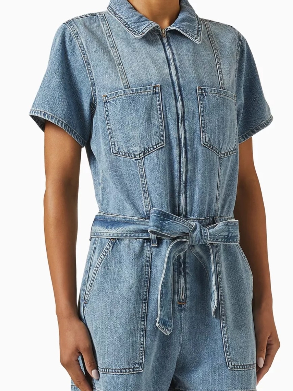 Denim Utility Short-Sleeve Jumpsuit - Light Blue